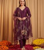 Burgundy embroidered straight kurta trousers with dupatta set