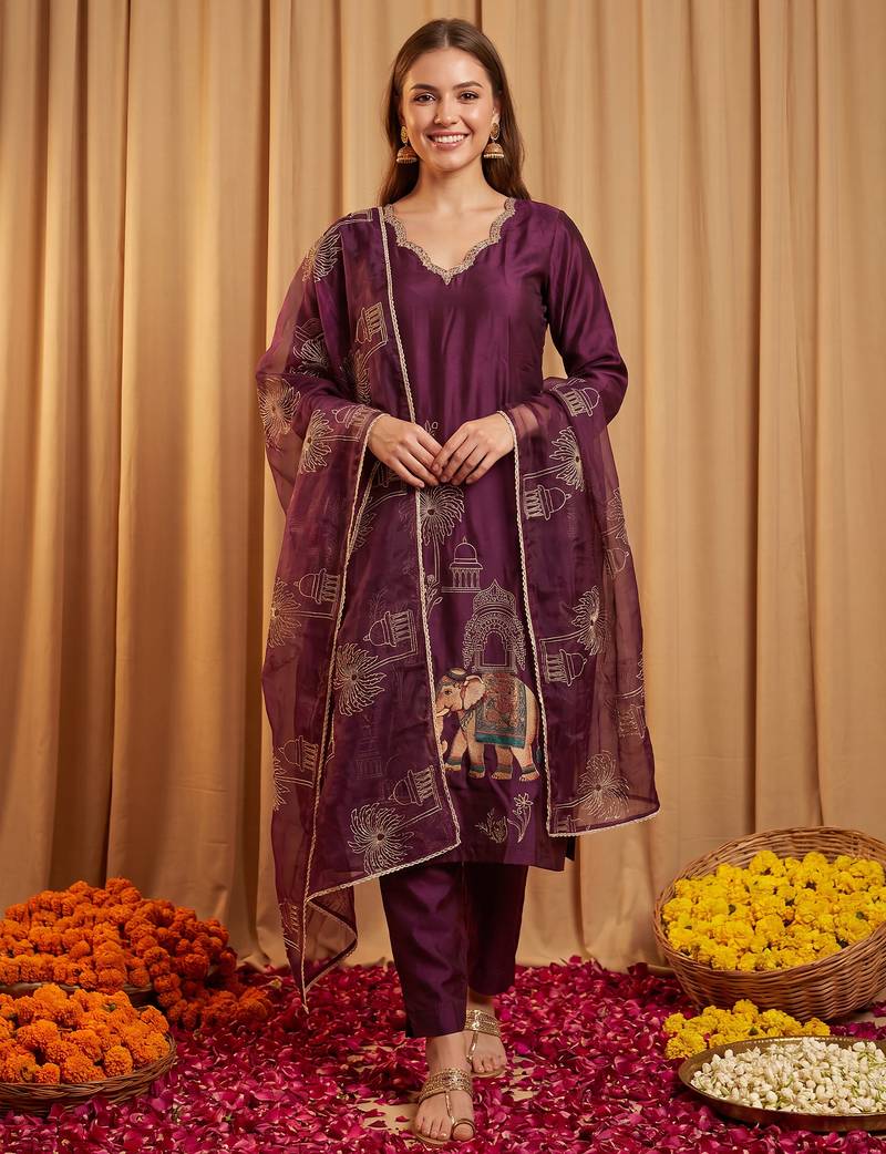 Burgundy embroidered straight kurta trousers with dupatta set