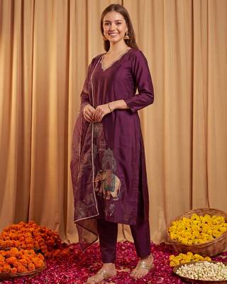 Burgundy embroidered straight kurta trousers with dupatta set 4