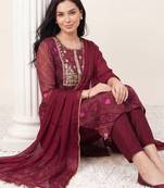 Burgundy embroidered straight kurta trousers with dupatta set