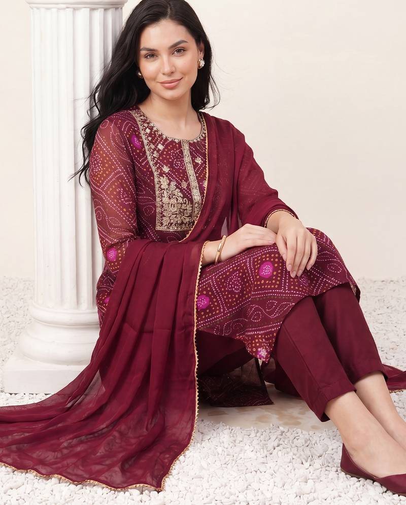 Burgundy embroidered straight kurta trousers with dupatta set