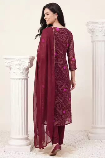 Burgundy embroidered straight kurta trousers with dupatta set
