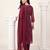 Burgundy embroidered straight kurta trousers with dupatta set