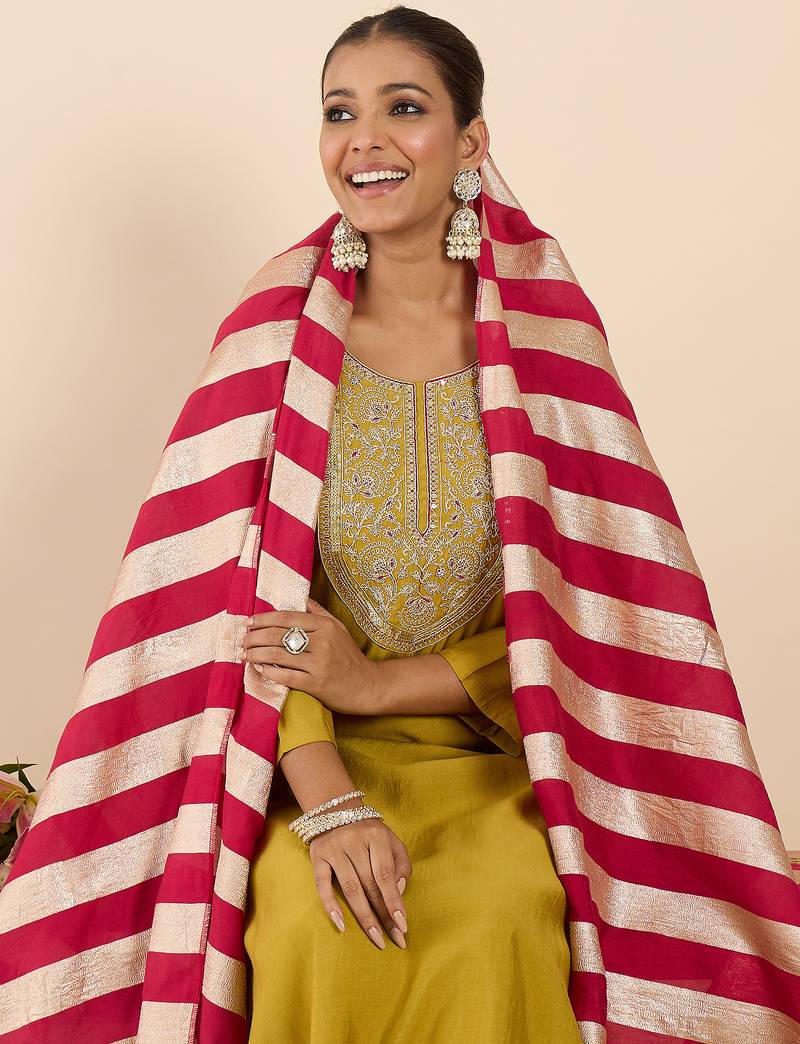 Yellow embroidered straight kurta trousers with dupatta set