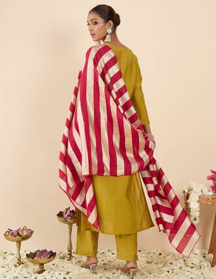 Yellow embroidered straight kurta trousers with dupatta set 2