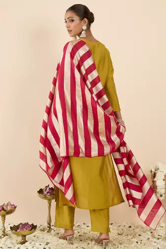 Yellow embroidered straight kurta trousers with dupatta set
