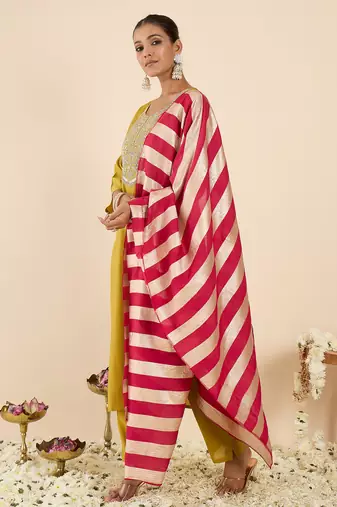 Yellow embroidered straight kurta trousers with dupatta set