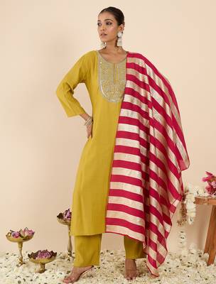 Yellow embroidered straight kurta trousers with dupatta set 4