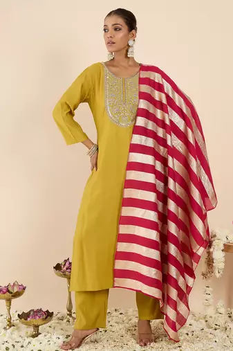 Yellow embroidered straight kurta trousers with dupatta set