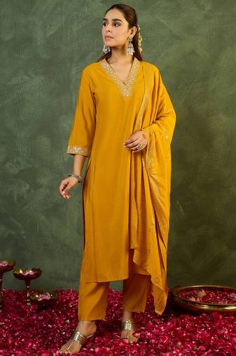 Yellow embroidered straight kurta trousers with dupatta set