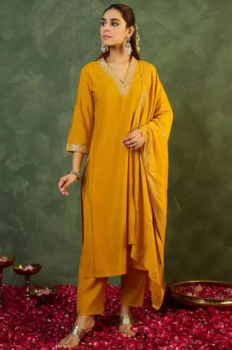 Yellow embroidered straight kurta trousers with dupatta set