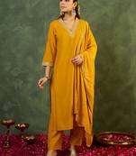 Yellow embroidered straight kurta trousers with dupatta set