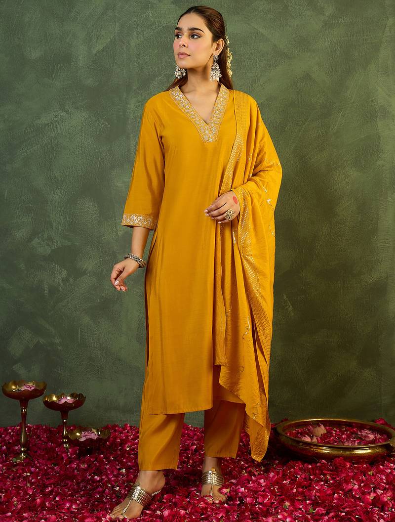 Yellow embroidered straight kurta trousers with dupatta set