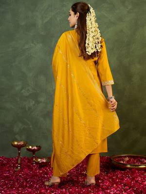 Yellow embroidered straight kurta trousers with dupatta set 2