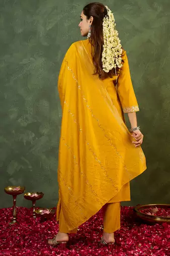 Yellow embroidered straight kurta trousers with dupatta set