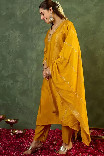 Yellow embroidered straight kurta trousers with dupatta set