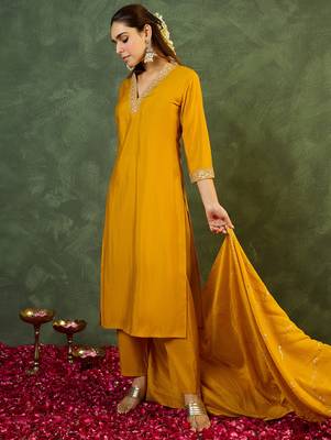 Yellow embroidered straight kurta trousers with dupatta set 4