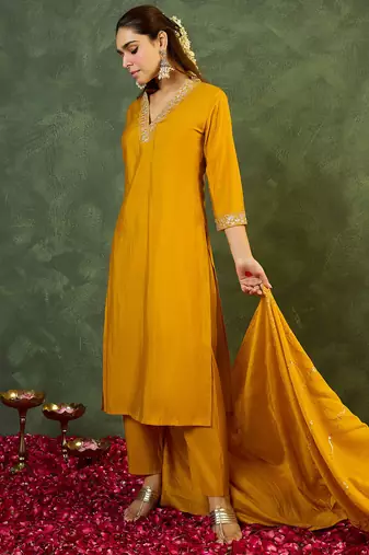 Yellow embroidered straight kurta trousers with dupatta set