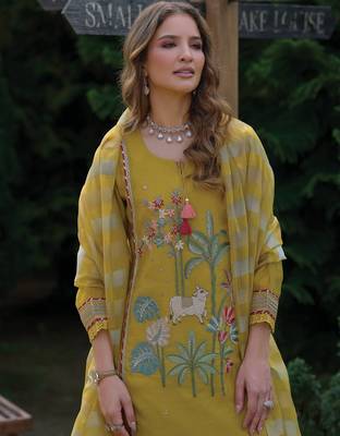 Yellow embroidered a-line kurta trousers with dupatta set 1