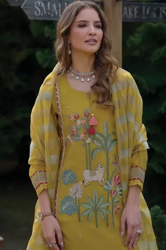 Yellow embroidered a-line kurta trousers with dupatta set