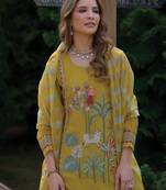 Yellow embroidered a-line kurta trousers with dupatta set