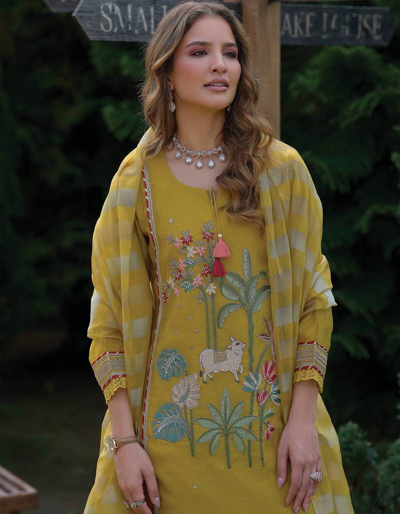 Yellow embroidered a-line kurta trousers with dupatta set