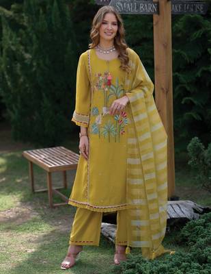 Yellow embroidered a-line kurta trousers with dupatta set 2