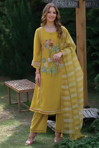 Yellow embroidered a-line kurta trousers with dupatta set