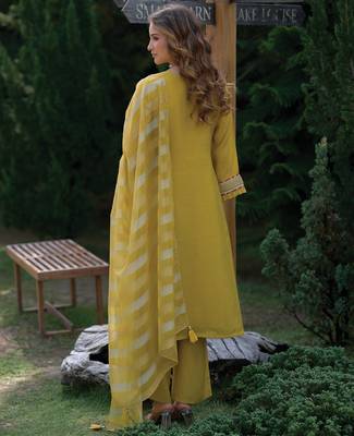 Yellow embroidered a-line kurta trousers with dupatta set 3