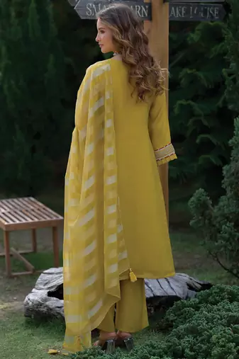 Yellow embroidered a-line kurta trousers with dupatta set