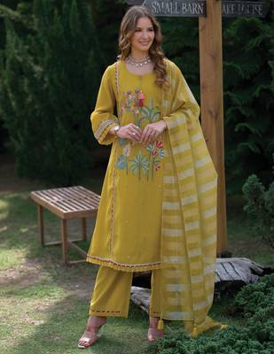 Yellow embroidered a-line kurta trousers with dupatta set 4