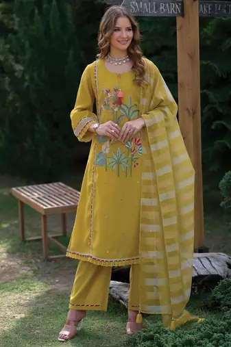 Yellow embroidered a-line kurta trousers with dupatta set