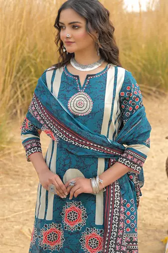 Blue printed straight kurta trousers with dupatta set