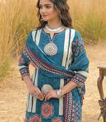 Blue printed straight kurta trousers with dupatta set