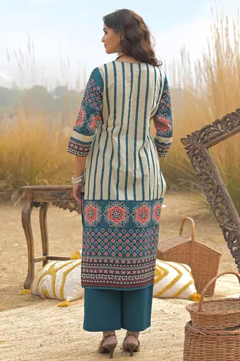 Blue printed straight kurta trousers with dupatta set