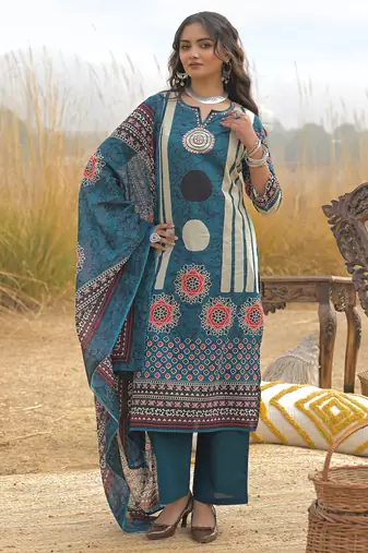 Blue printed straight kurta trousers with dupatta set