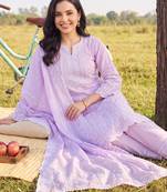 Lavender embroidered straight kurta trousers with dupatta set