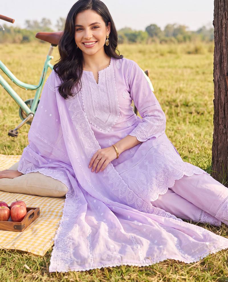 Lavender embroidered straight kurta trousers with dupatta set