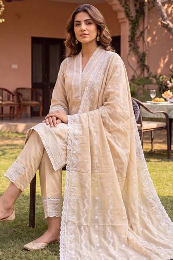 Beige embroidered straight kurta trousers with dupatta set