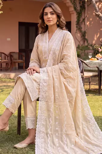 Beige embroidered straight kurta trousers with dupatta set