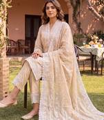 Beige embroidered straight kurta trousers with dupatta set