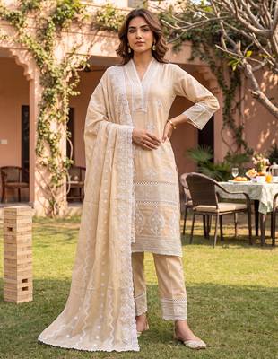 Beige embroidered straight kurta trousers with dupatta set 2