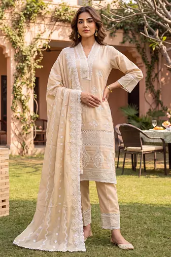 Beige embroidered straight kurta trousers with dupatta set