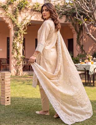 Beige embroidered straight kurta trousers with dupatta set 3