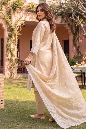 Beige embroidered straight kurta trousers with dupatta set