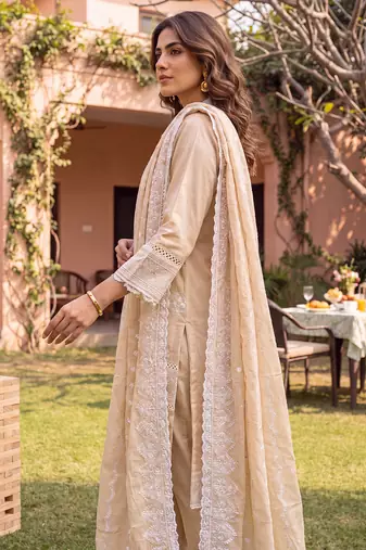 Beige embroidered straight kurta trousers with dupatta set