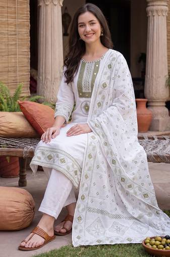 White embroidered straight kurta trousers with dupatta set