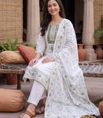 White embroidered straight kurta trousers with dupatta set