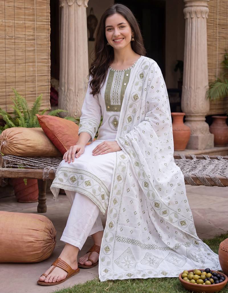 White embroidered straight kurta trousers with dupatta set