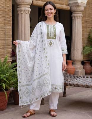 White embroidered straight kurta trousers with dupatta set 2